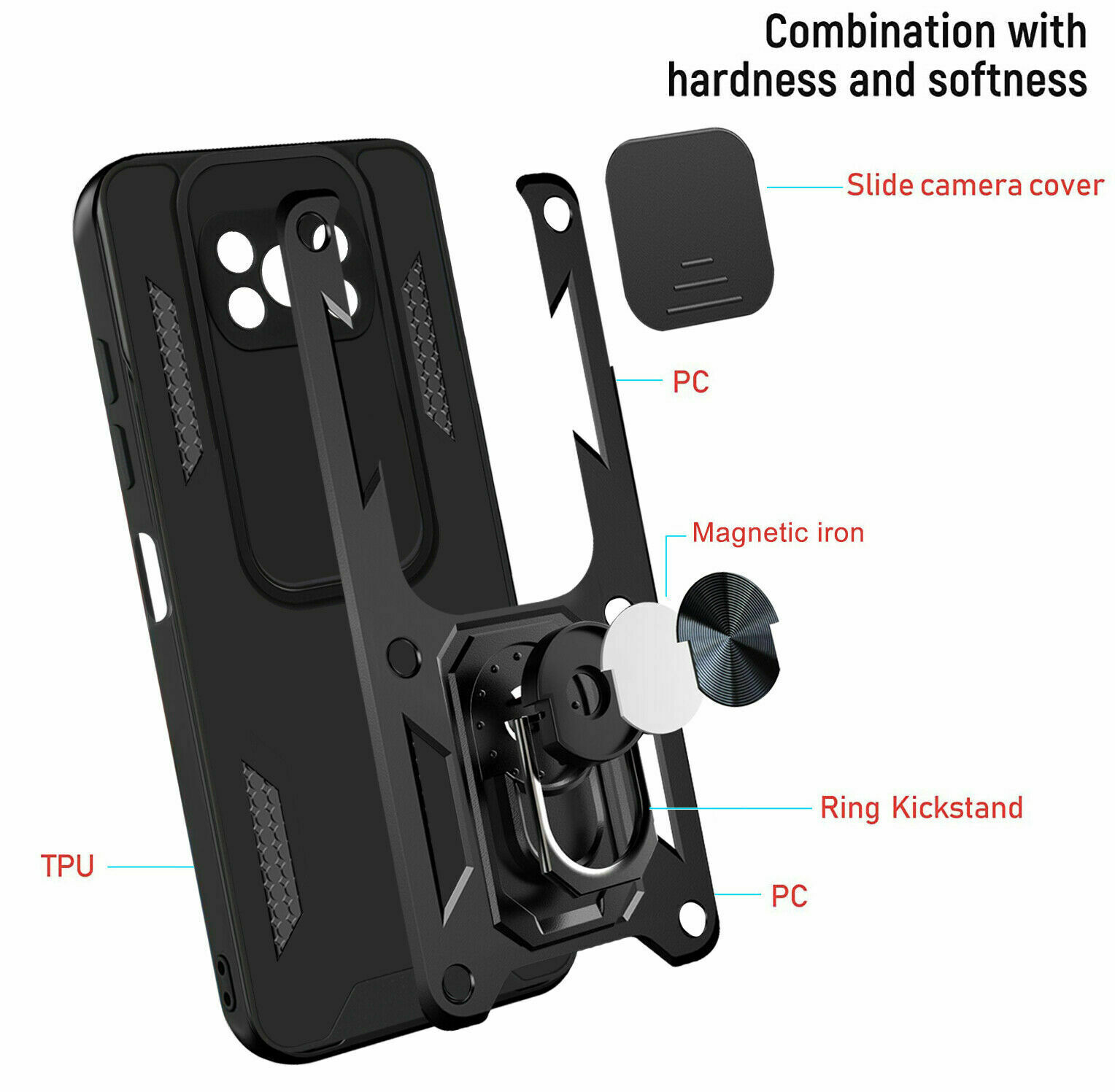 Protectores para celular  para Xiaomi  Pocophone Poco X3 NFC Funda reforzada con anillo v3 cubre c�mara Negro